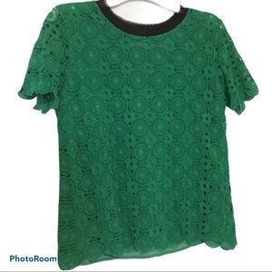 Cute green lace top with black fringy collar